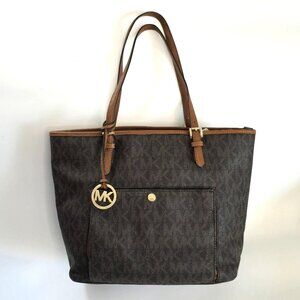 Michael Kors Jet Set Monogram Coated Canvas Tote LG Brown/Tan Front Snap Pocket